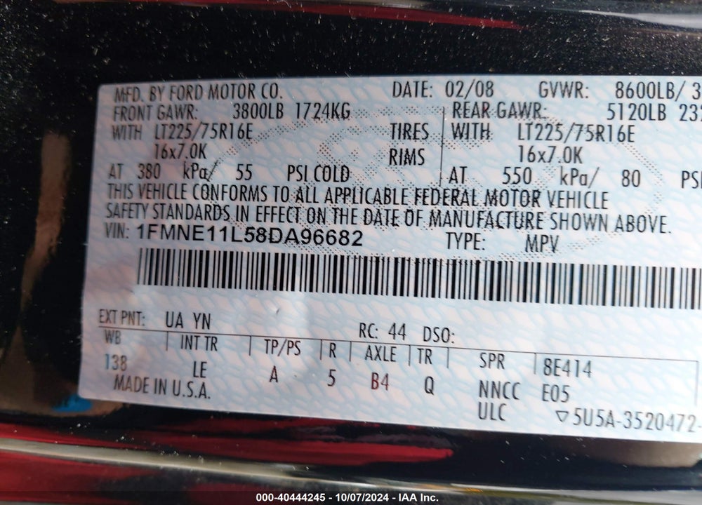 2008 FORD E-150 XL/XLT VIN: 1FMNE11L58DA96682