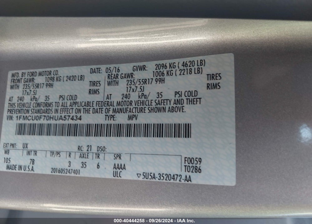 2017 FORD ESCAPE S VIN: 1FMCU0F70HUA57434