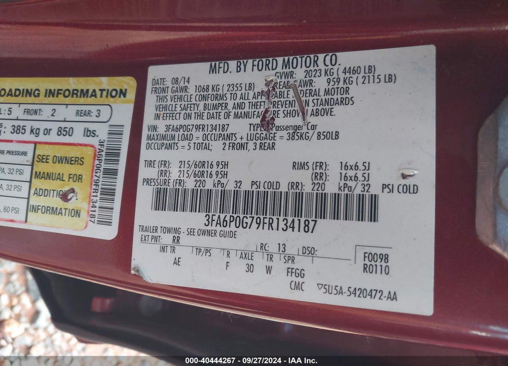 2015 FORD FUSION S VIN: 3FA6P0G79FR134187