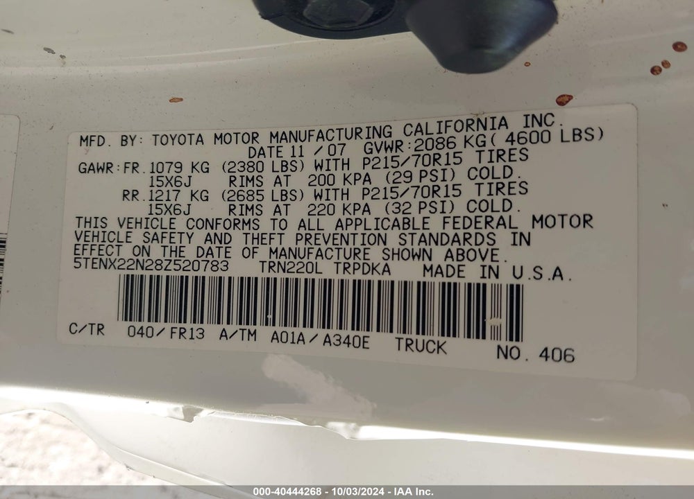 2008 TOYOTA TACOMA VIN: 5TENX22N28Z520783