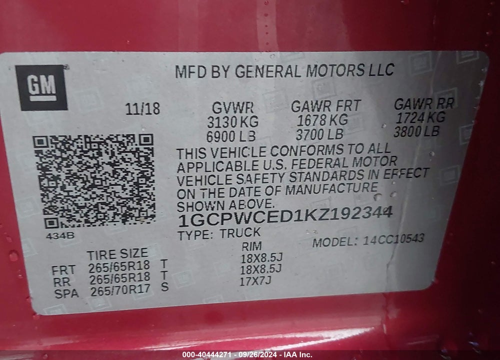 2019 CHEVROLET SILVERADO 1500 LT VIN: 1GCPWCED1KZ192344