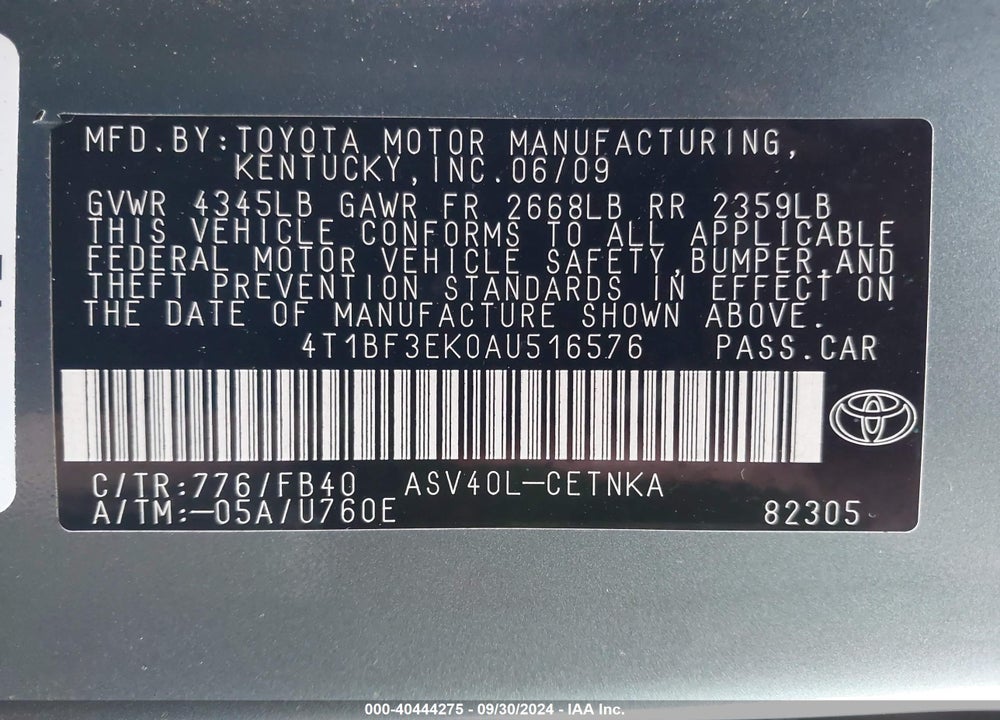 2010 TOYOTA CAMRY LE VIN: 4T1BF3EK0AU516576