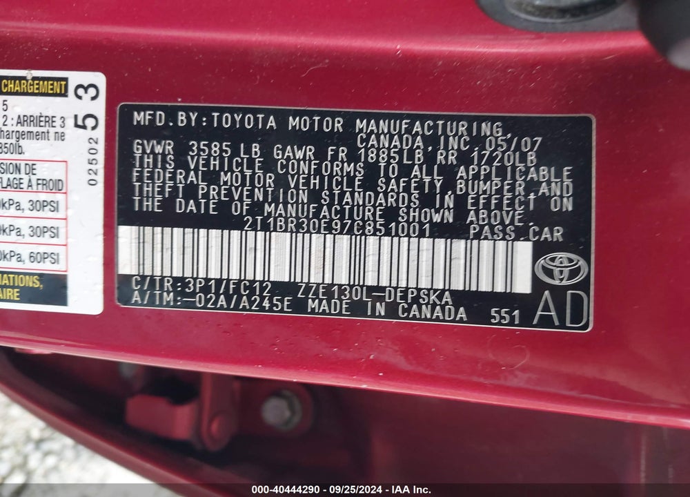2007 TOYOTA COROLLA S VIN: 2T1BR30E97C851001