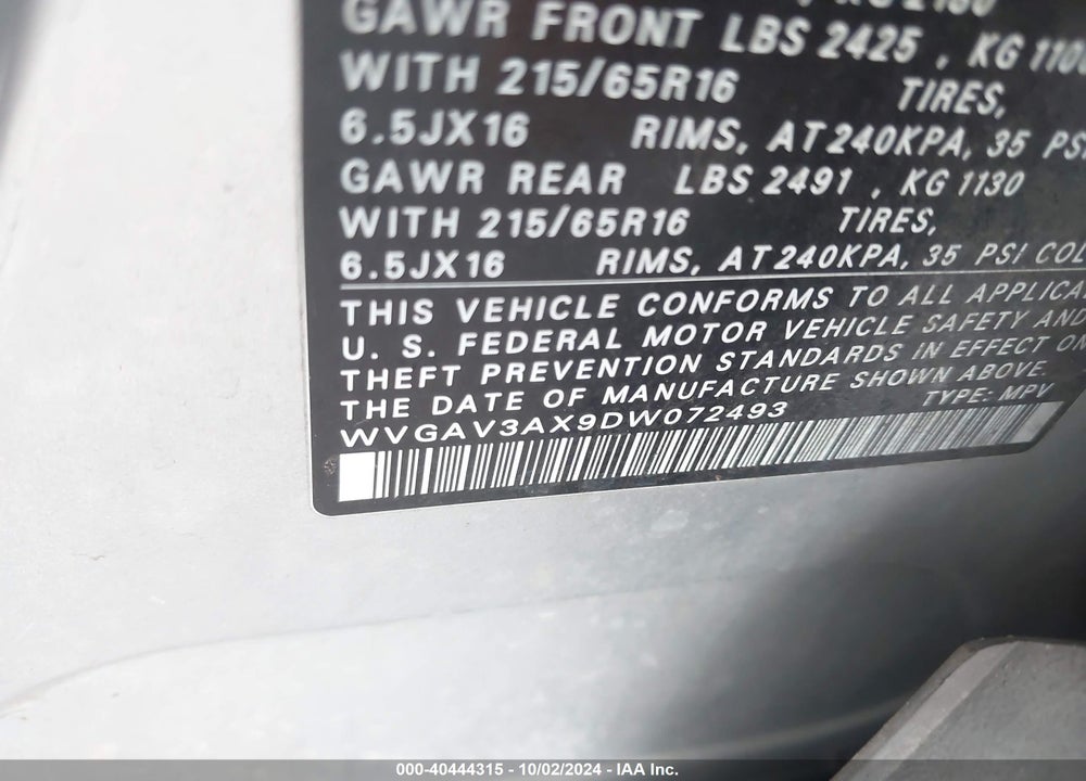 2013 VOLKSWAGEN TIGUAN VIN: WVGAV3AX9DW072493