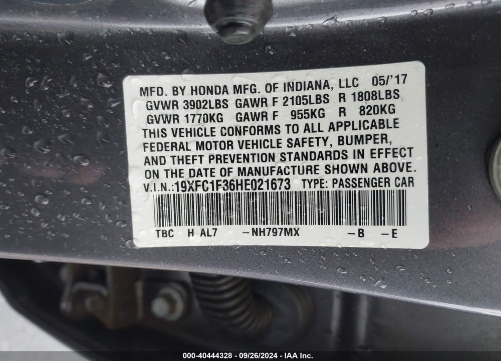2017 HONDA CIVIC EX-T VIN: 19XFC1F36HE021673