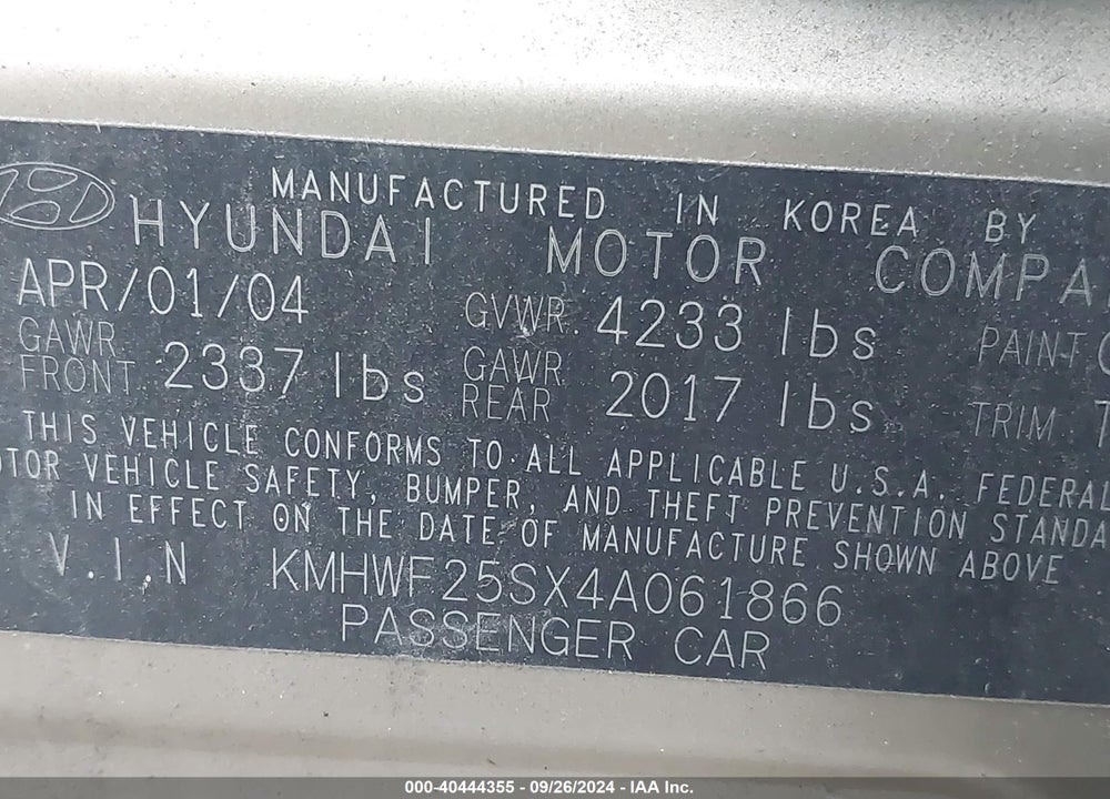 2004 HYUNDAI SONATA VIN: KMHWF25SX4A061866