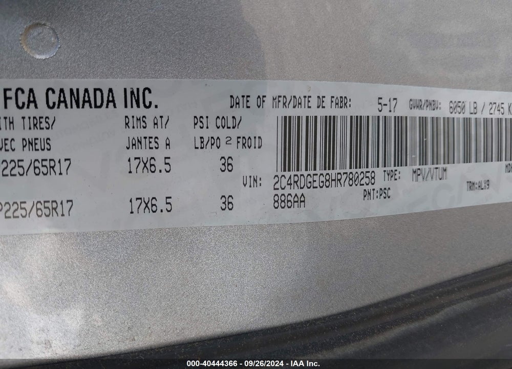 2017 DODGE GRAND CARAVAN GT VIN: 2C4RDGEG8HR780258