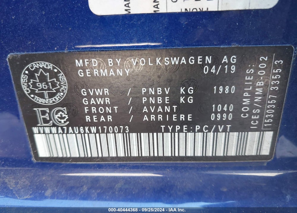 2019 VOLKSWAGEN GOLF R VIN: WVWWA7AU6KW170073