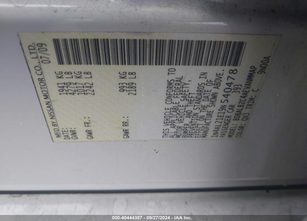 2009 NISSAN ALTIMA 2.5 S VIN: 1N4AL21E19N540478