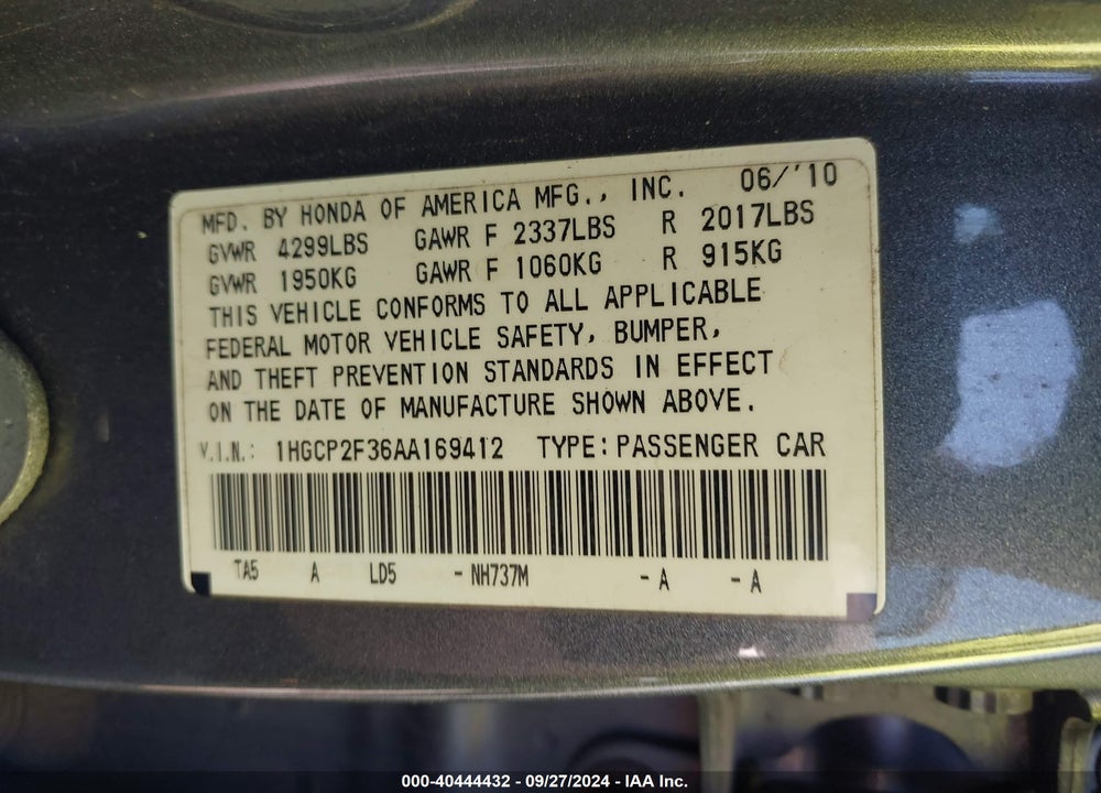 2010 HONDA ACCORD 2.4 LX VIN: 1HGCP2F36AA169412