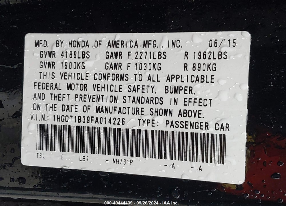 2015 HONDA ACCORD LX-S VIN: 1HGCT1B39FA014226
