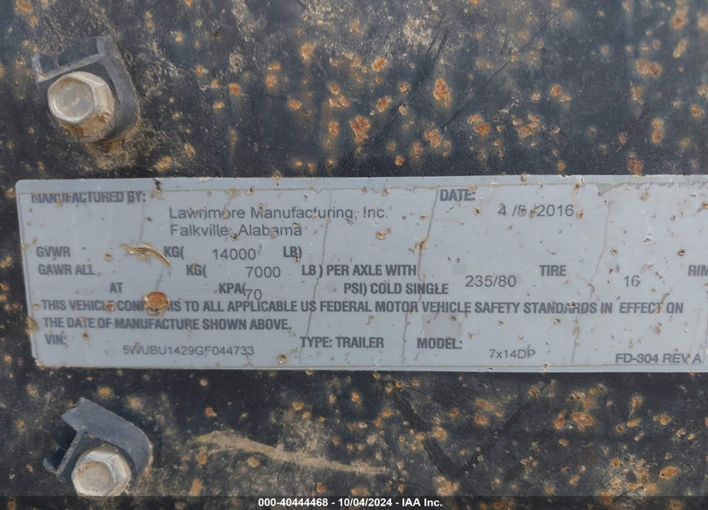 2000 LAWRIMORE UTILITY TRAILER VIN: 5WUVU14Z9GF044733