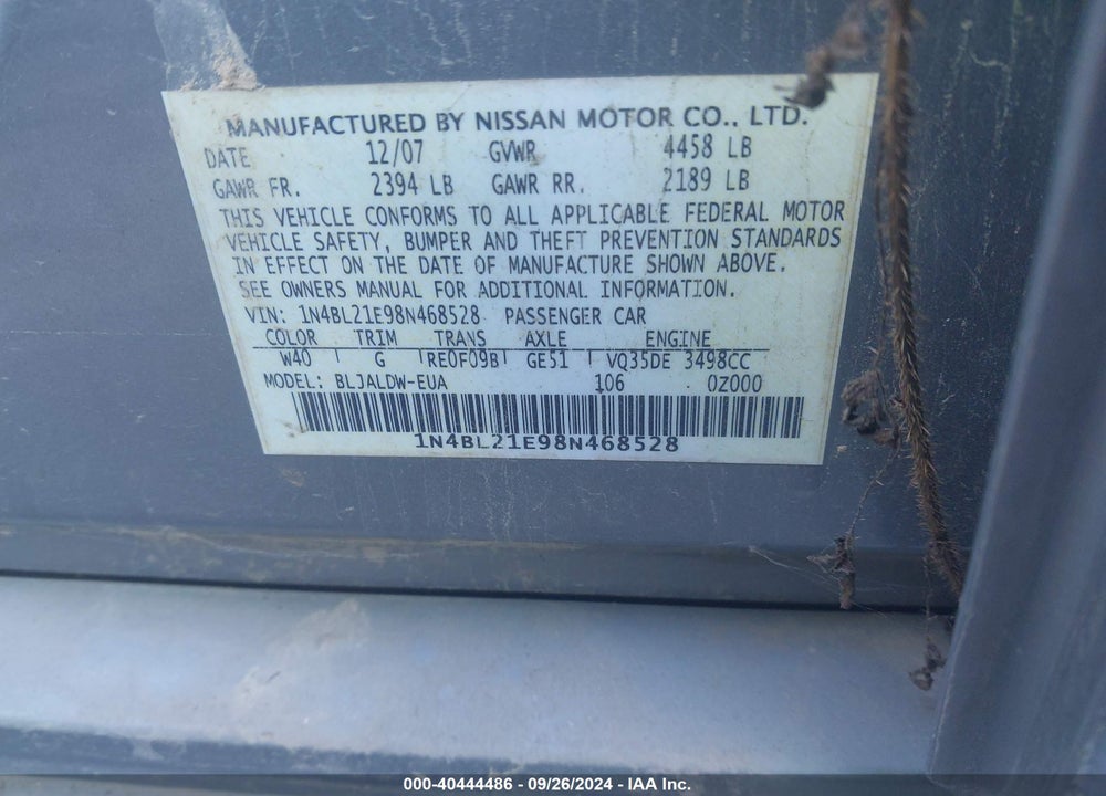 2008 NISSAN ALTIMA 3.5 SE VIN: 1N4BL21E98N468528