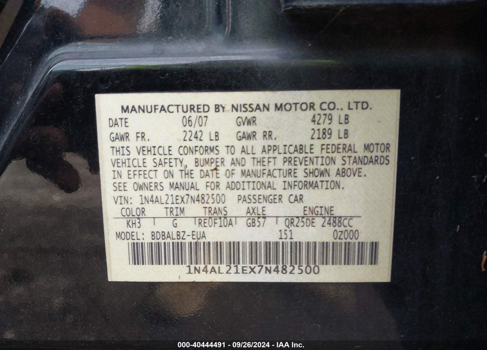 2007 NISSAN ALTIMA 2.5 S VIN: 1N4AL21EX7N482500