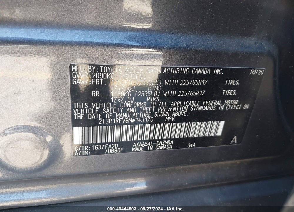 2021 TOYOTA RAV4 XLE VIN: 2T3P1RFV8MW143170