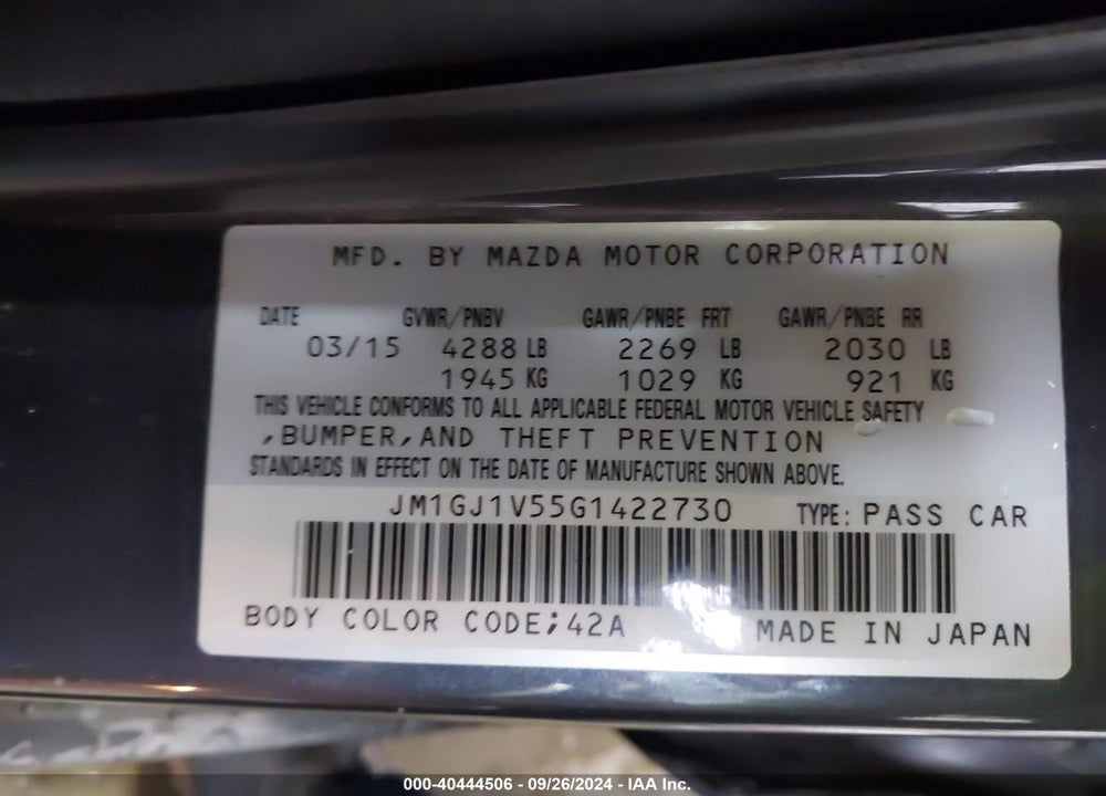 2016 MAZDA 6 I TOURING VIN: JM1GJ1V55G1422730