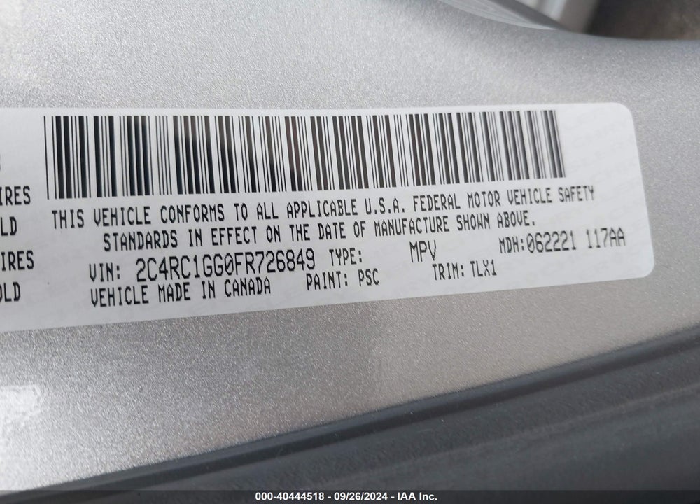 2015 CHRYSLER TOWN & COUNTRY LIMITED PLATINUM VIN: 2C4RC1GG0FR726849