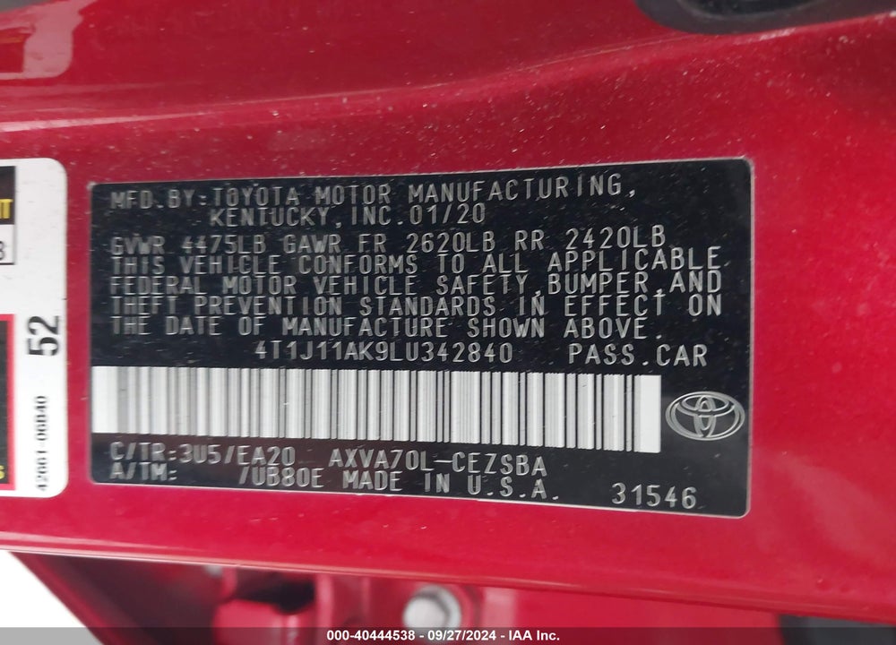 2020 TOYOTA CAMRY SE VIN: 4T1J11AK9LU342840