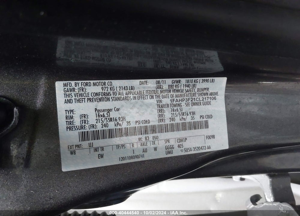 2012 FORD FOCUS SE VIN: 1FAHP3F21CL217106