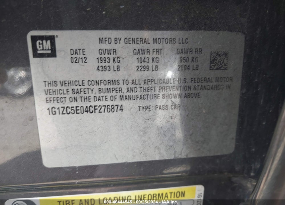 2012 CHEVROLET MALIBU 1LT VIN: 1G1ZC5E04CF276874
