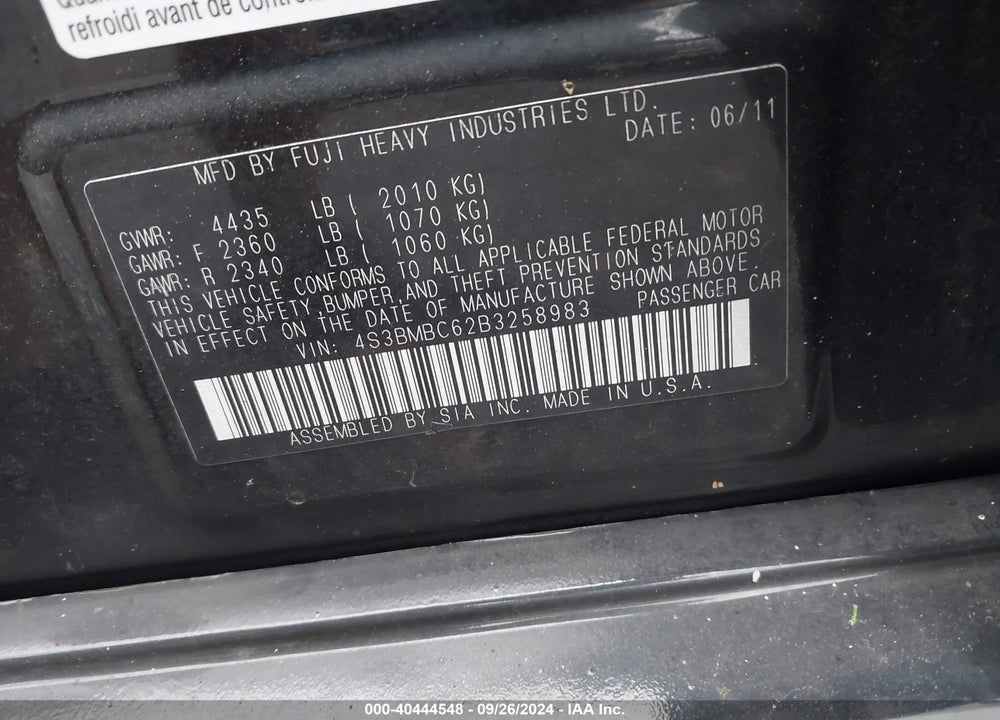 2011 SUBARU LEGACY 2.5I PREMIUM VIN: 4S3BMBC62B3258983