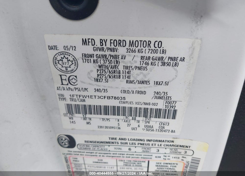 2012 FORD F-150 XLT VIN: 1FTFW1ET3CFB78035