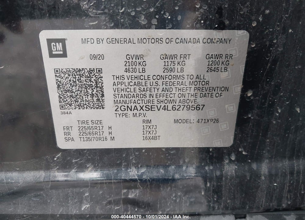 2020 CHEVROLET EQUINOX AWD LS VIN: 2GNAXSEV4L6279567