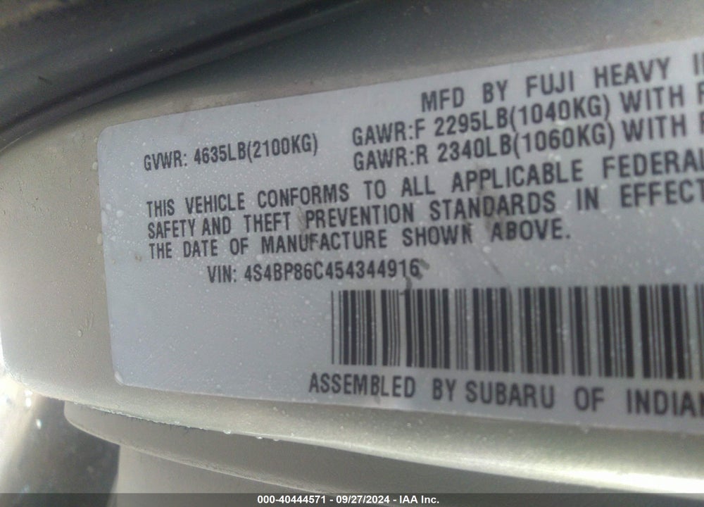 2005 SUBARU OUTBACK 3.0R L.L. BEAN EDITION VIN: 4S4BP86C454344916