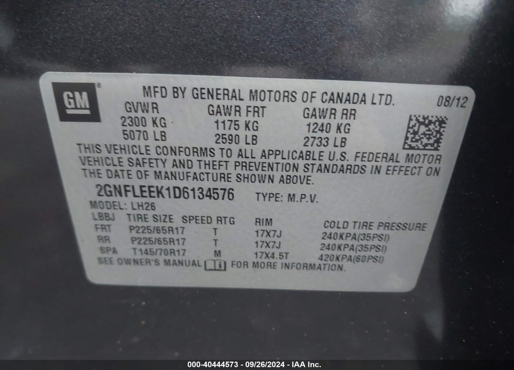 2013 CHEVROLET EQUINOX 1LT VIN: 2GNFLEEK1D6134576