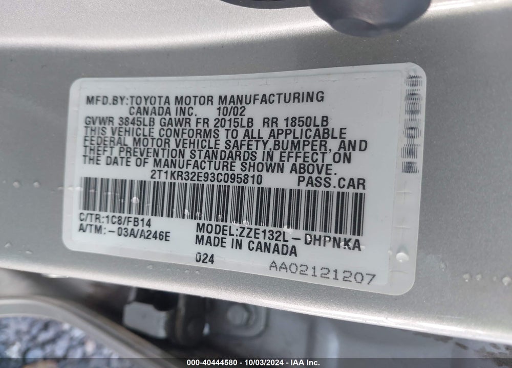 2003 TOYOTA MATRIX/XR VIN: 2T1KR32E93C095810