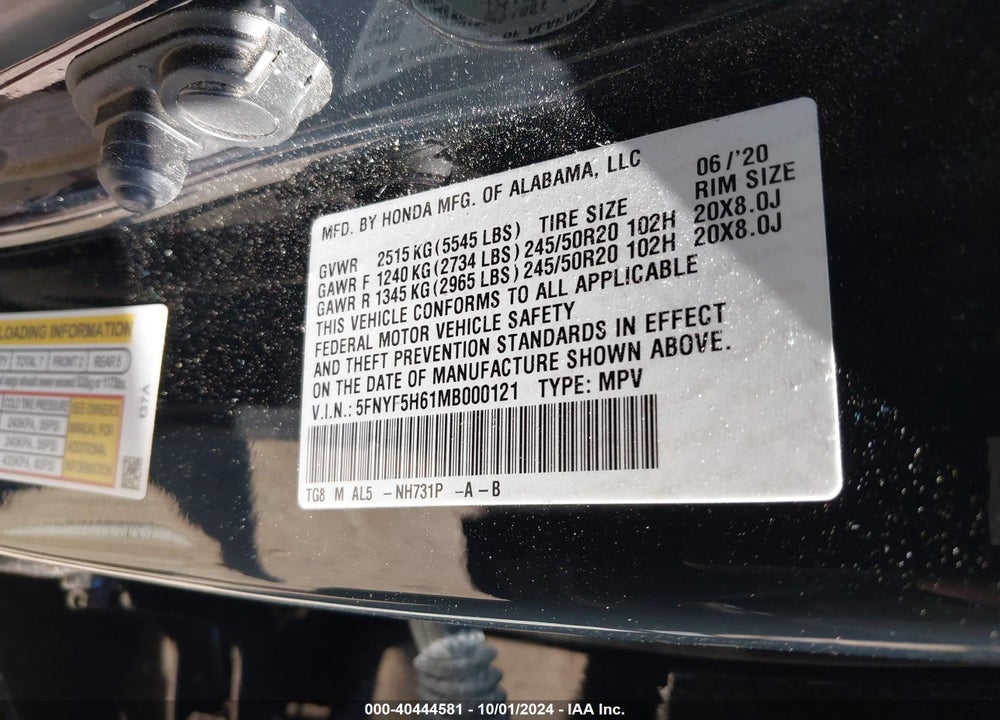 2021 HONDA PILOT 2WD TOURING 7 PASSENGER VIN: 5FNYF5H61MB000121