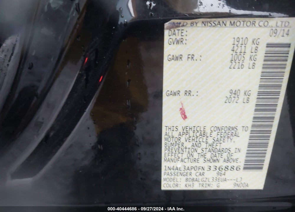 2015 NISSAN ALTIMA 2.5 S VIN: 1N4AL3AP0FN336886