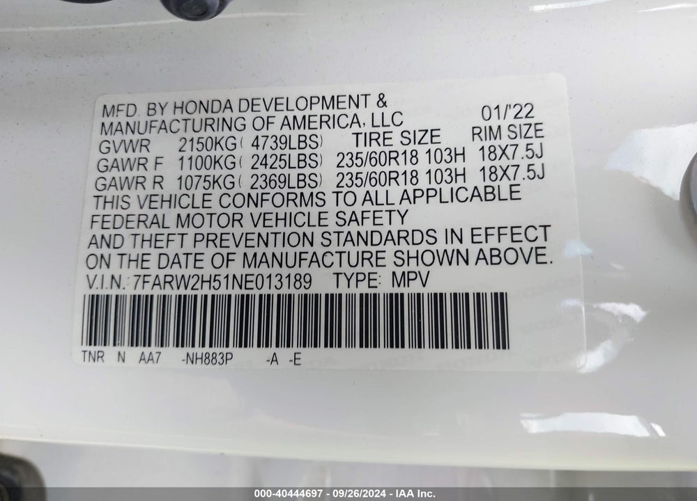 2022 HONDA CR-V AWD EX VIN: 7FARW2H51NE013189