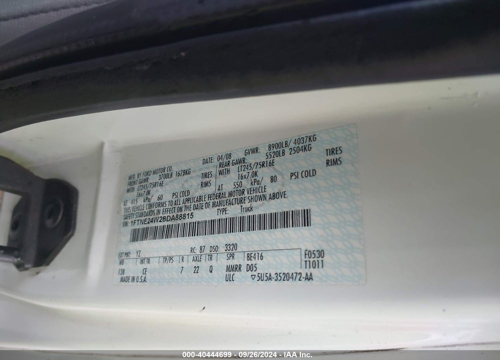 2008 FORD E-250 COMMERCIAL/RECREATIONAL VIN: 1FTNE24W28DA88815