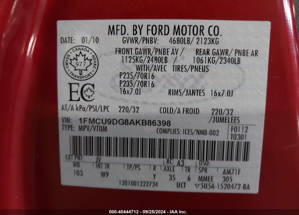 2010 FORD ESCAPE XLT VIN: 1FMCU9DG8AKB86398