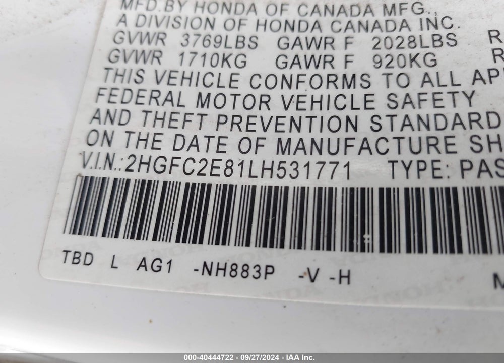 2020 HONDA CIVIC SPORT VIN: 2HGFC2E81LH531771