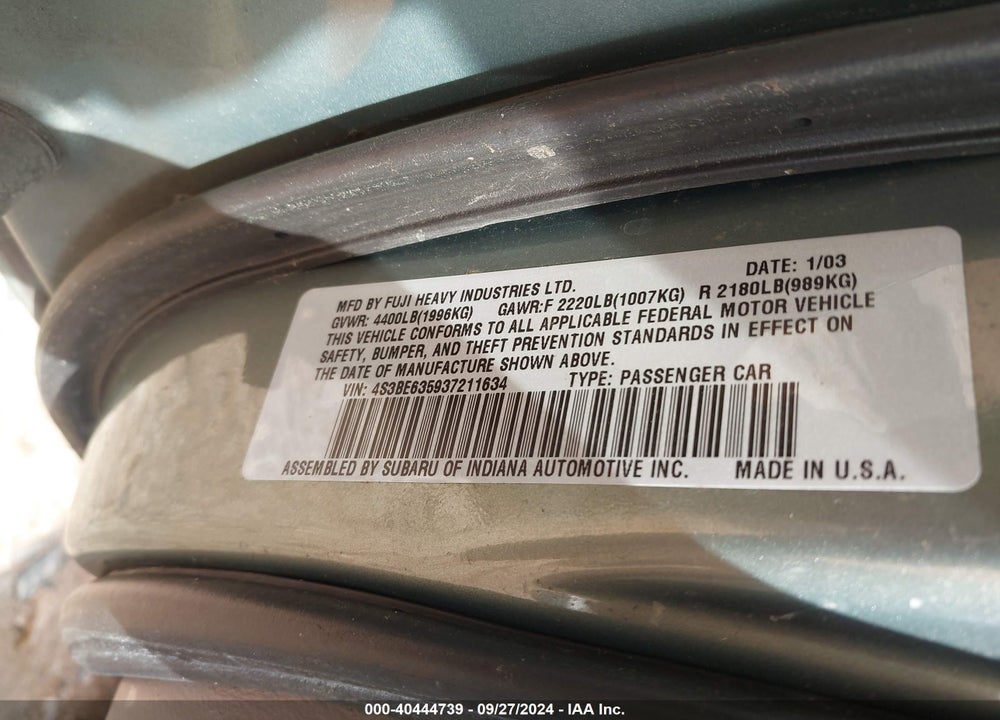 2003 SUBARU LEGACY L/L W/SPECIAL EDITION PACKAGE VIN: 4S3BE635937211634