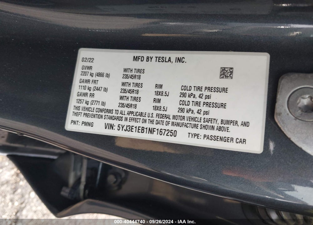 2022 TESLA MODEL 3 LONG RANGE DUAL MOTOR ALL-WHEEL DRIVE VIN: 5YJ3E1EB1NF167250