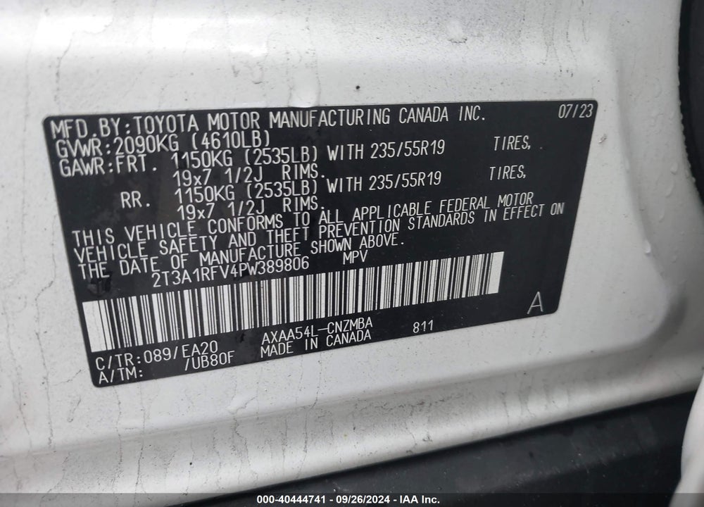 2023 TOYOTA RAV4 XLE PREMIUM VIN: 2T3A1RFV4PW389806
