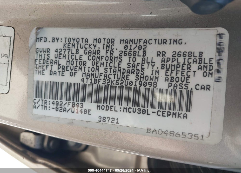 2002 TOYOTA CAMRY LE V6 VIN: 4T1BF32K62U019098