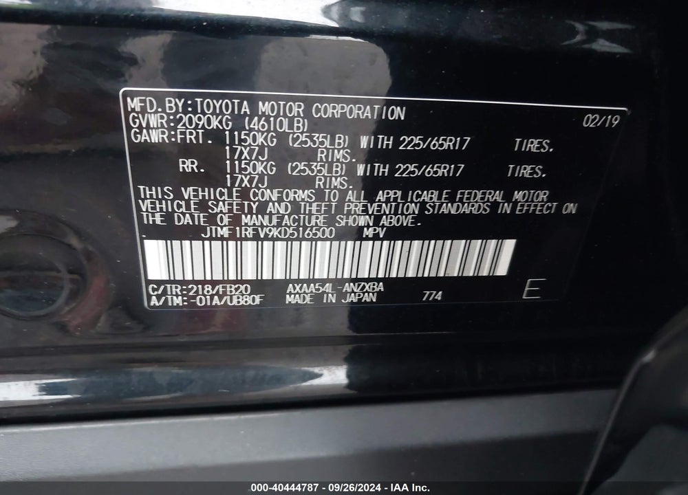 2019 TOYOTA RAV4 LE VIN: JTMF1RFV9KD516500