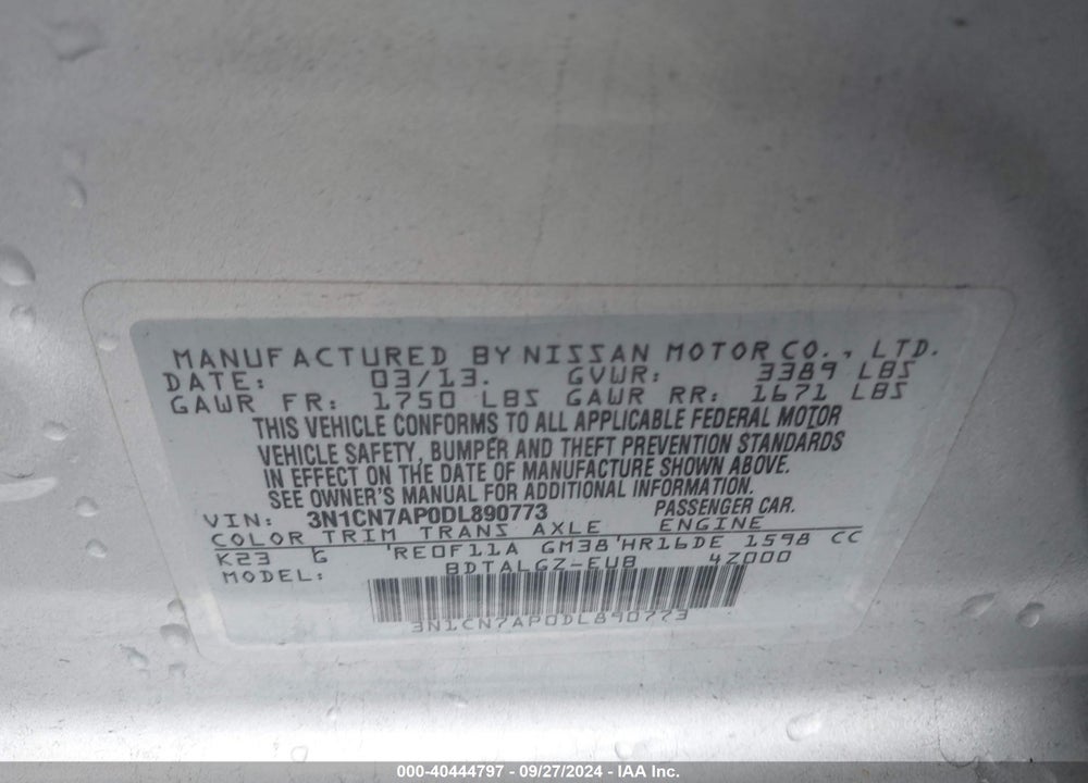 2013 NISSAN VERSA 1.6 SL VIN: 3N1CN7AP0DL890773