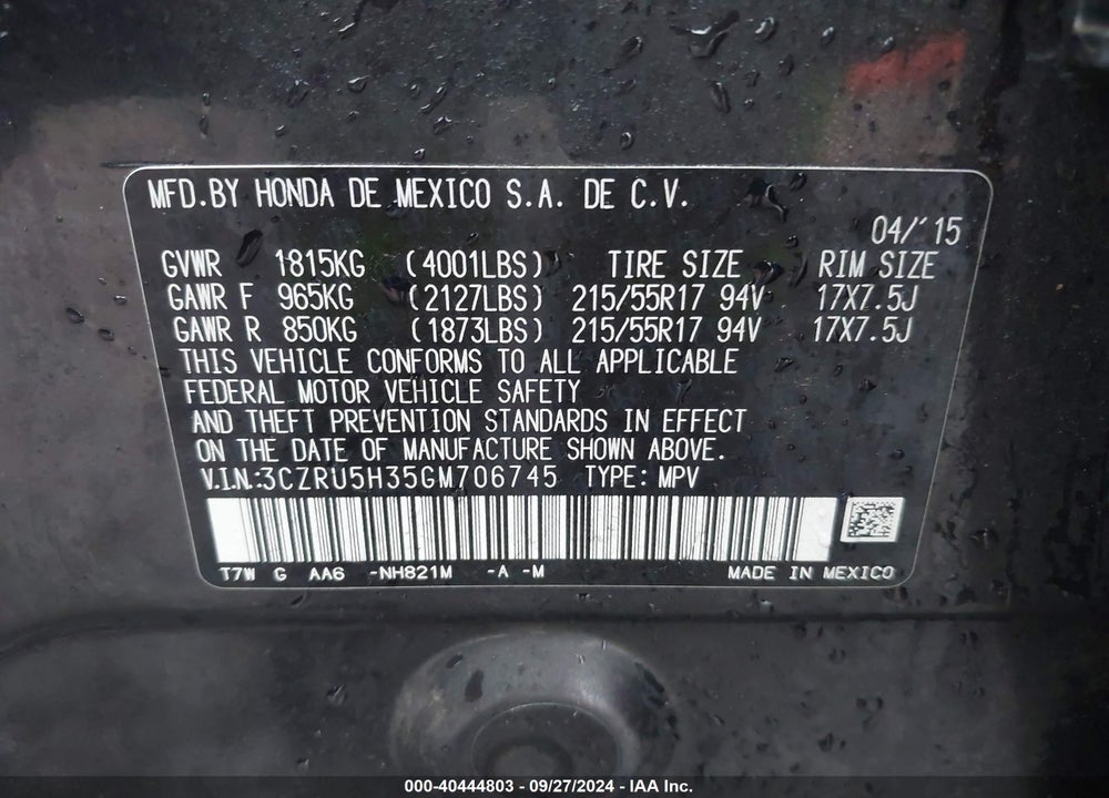 2016 HONDA HR-V LX VIN: 3CZRU5H35GM706745