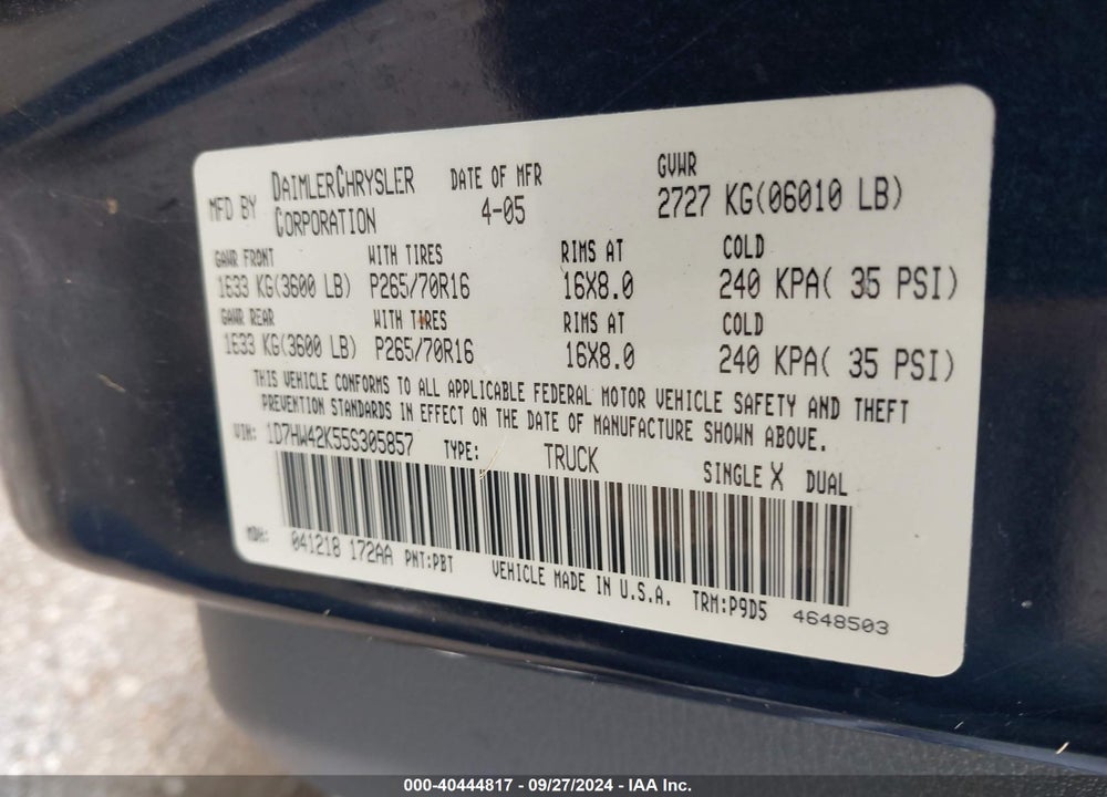 2005 DODGE DAKOTA SLT VIN: 1D7HW42K55S305857
