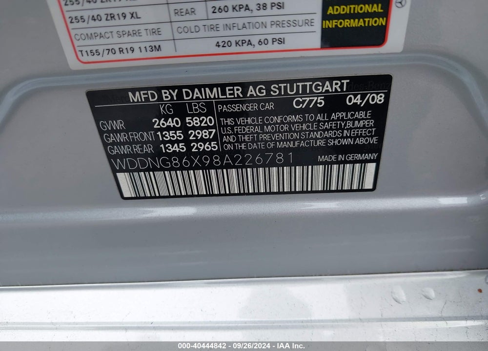 2008 MERCEDES-BENZ S 550 4MATIC VIN: WDDNG86X98A226781