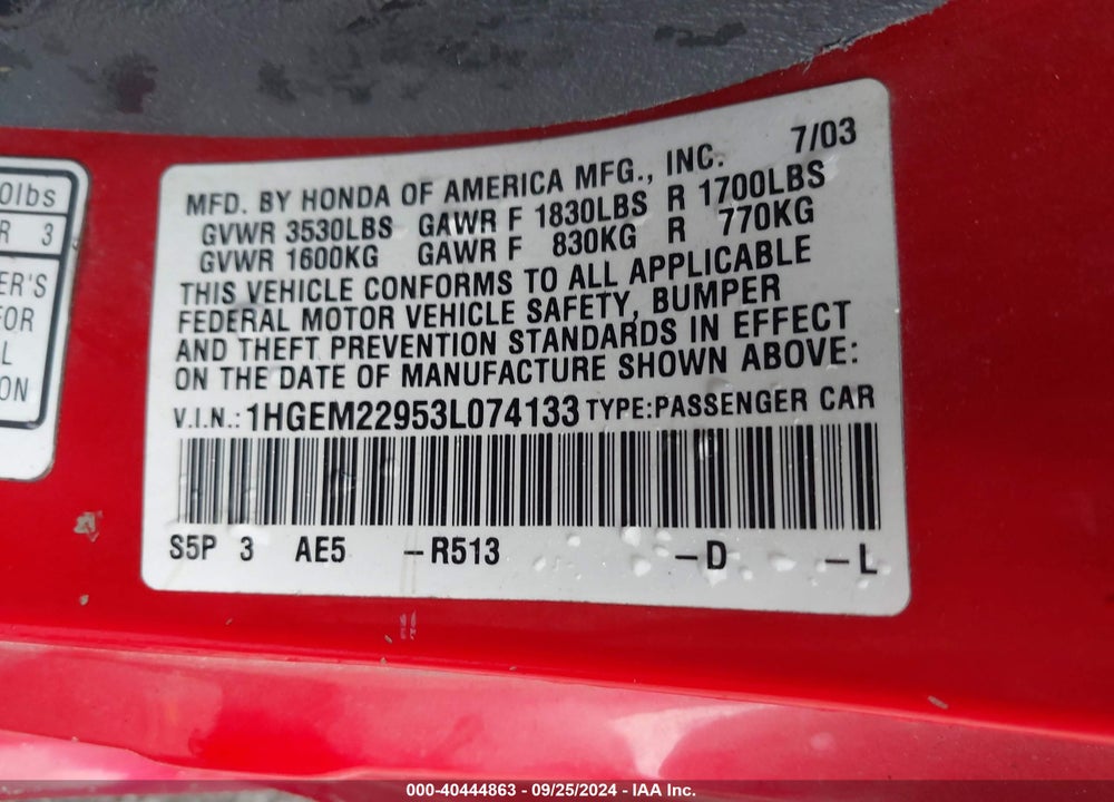 2003 HONDA CIVIC EX VIN: 1HGEM22953L074133