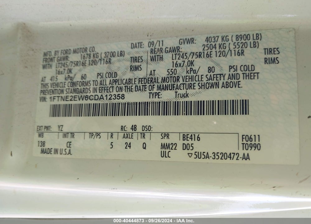 2012 FORD E-250 COMMERCIAL VIN: 1FTNE2EW6CDA12358