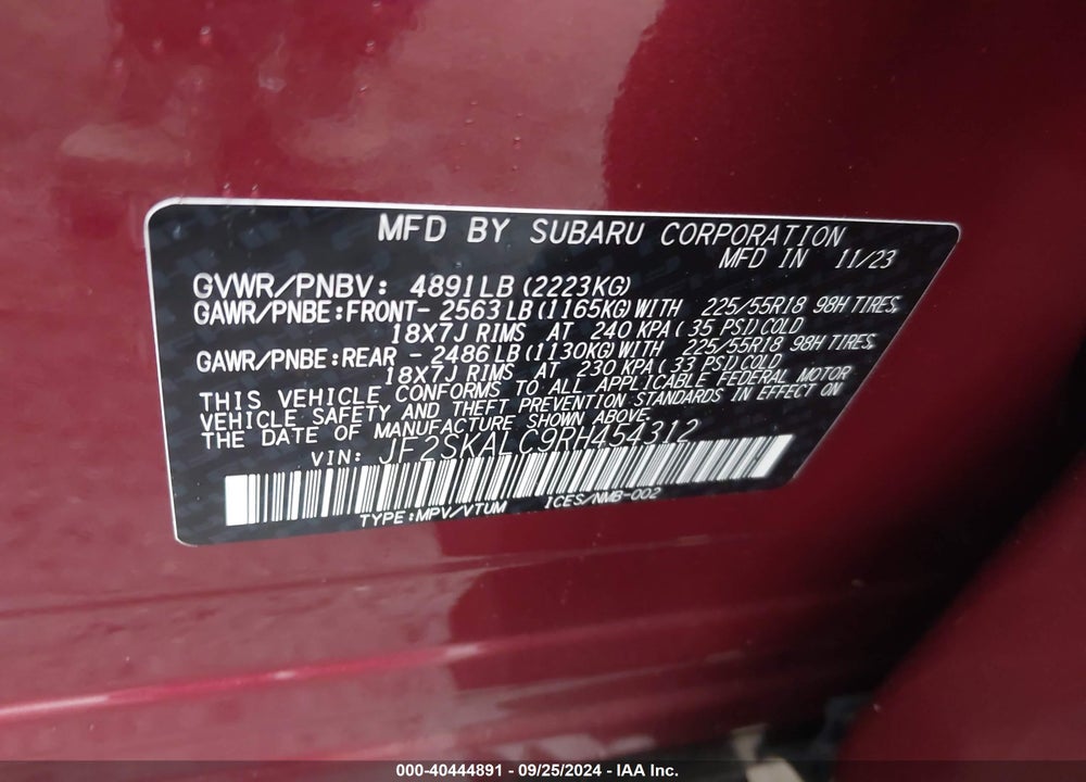 2024 SUBARU FORESTER LIMITED VIN: JF2SKALC9RH454312