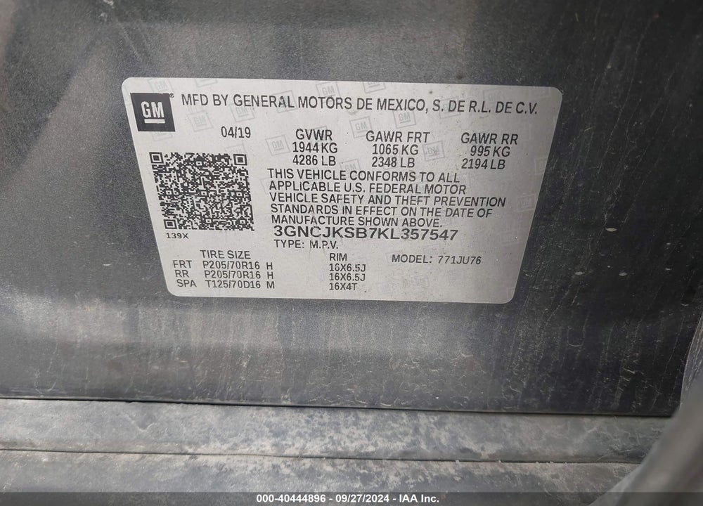 2019 CHEVROLET TRAX LS VIN: 3GNCJKSB7KL357547