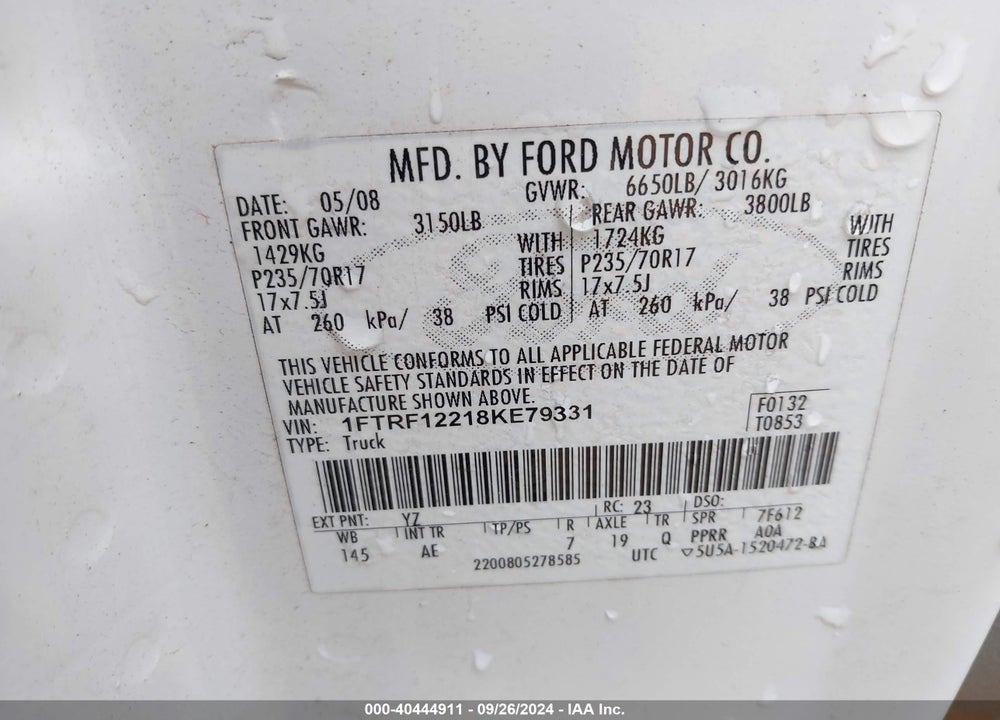 2008 FORD F-150 STX/XL/XLT VIN: 1FTRF12218KE79331